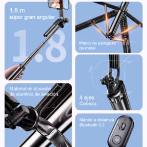 Trípode para teléfono selfie stick con control remoto, 1.8m, portátil, 5 en 1, para selfie