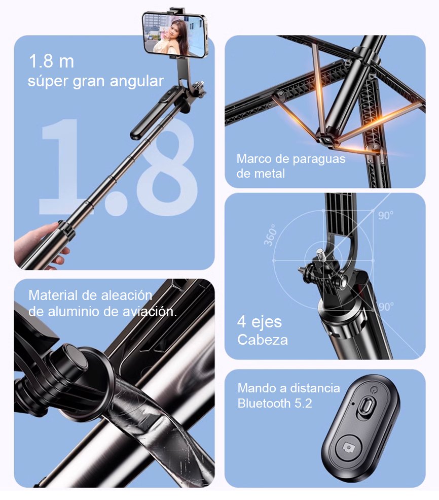 Trípode para teléfono selfie stick con control remoto, 1.8m, portátil, 5 en 1, para selfie - Image 2