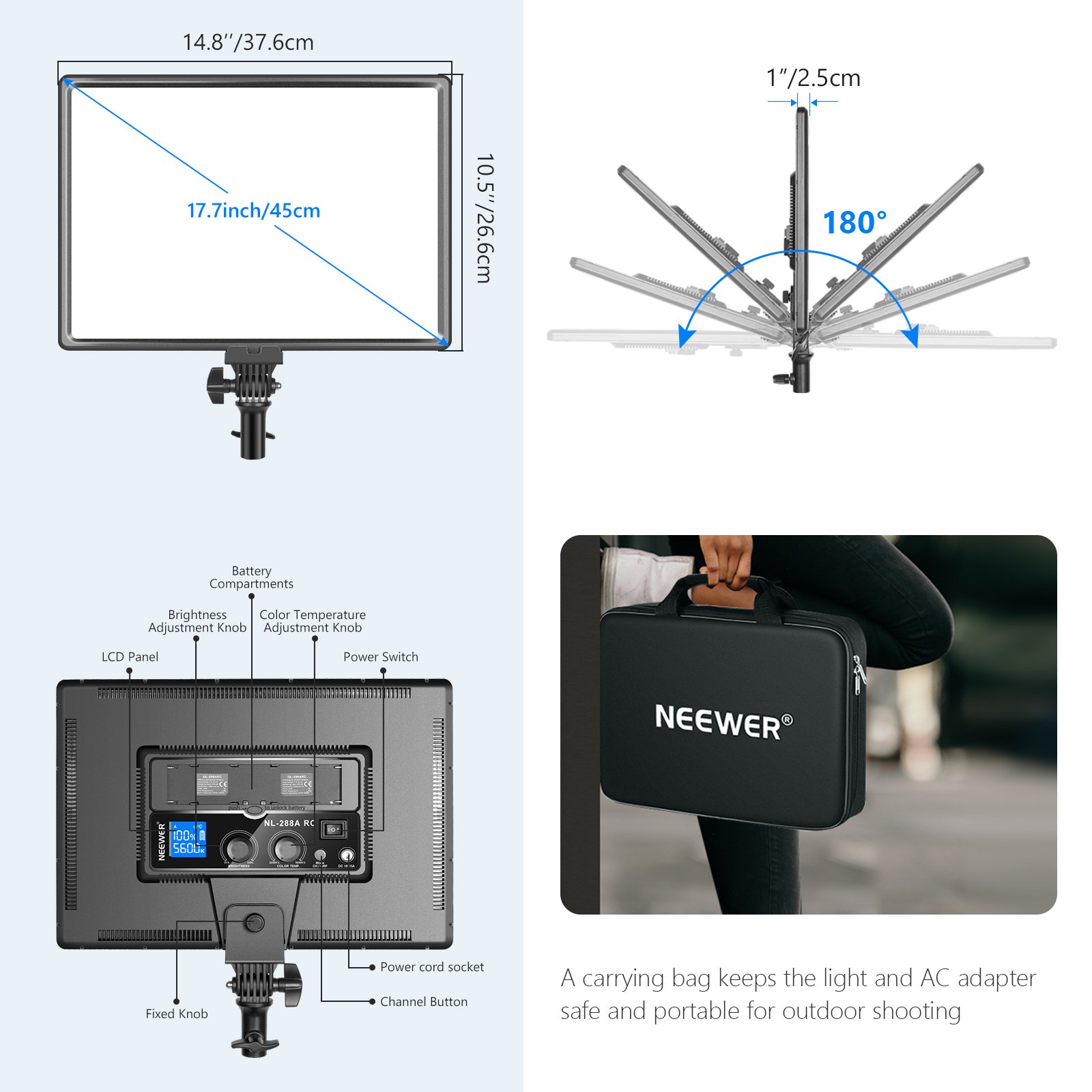 NEEWER NL288A RC - Luz de video LED, 45 W, 4800 Lux 3200K-5600K, CRI 97+ regulable bicolor de 18 pulgadas - Image 3