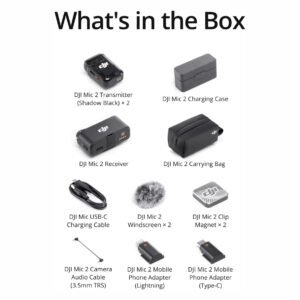 DJI Mic 2 (2 TX + 1 RX + estuche de carga), micrófono de solapa inalámbrico, cancelación inteligente de ruido, rango de 820 pies