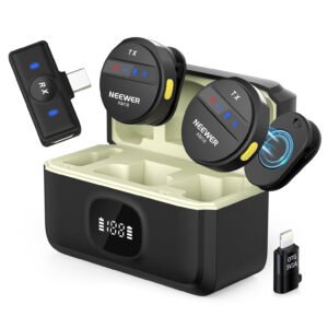 NEEWER KM18 Micrófono Lavalier inalámbrico para iPhone Mini Lapel Mic Set con cancelación de ruido/USB C/OTG/24H Estuche de carga de batería Video Vlog Compatible con iPhone 16 15 Android Phone Laptop