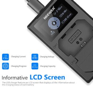 Neewer NP-FZ100 Kit de cargador de batería de repuesto, 2 paquetes de baterías de iones de litio de 2280 mAh, cargador USB dual
