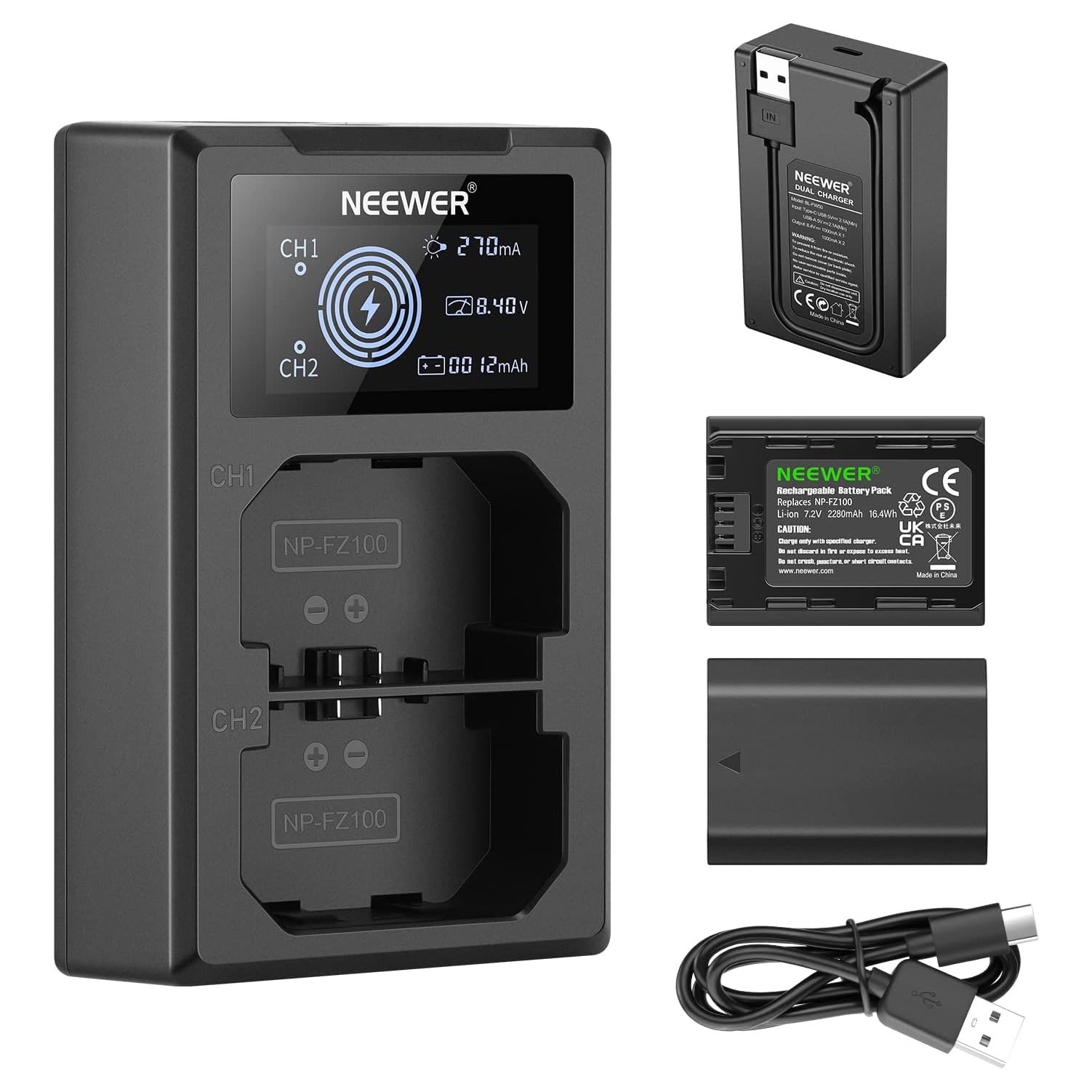 Neewer NP-FZ100 Kit de cargador de batería de repuesto, 2 paquetes de baterías de iones de litio de 2280 mAh, cargador USB dual