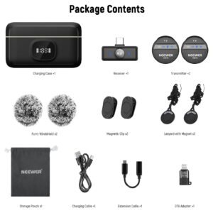 NEEWER KM18 Micrófono Lavalier inalámbrico para iPhone Mini Lapel Mic Set con cancelación de ruido/USB C/OTG/24H Estuche de carga de batería Video Vlog Compatible con iPhone 16 15 Android Phone Laptop