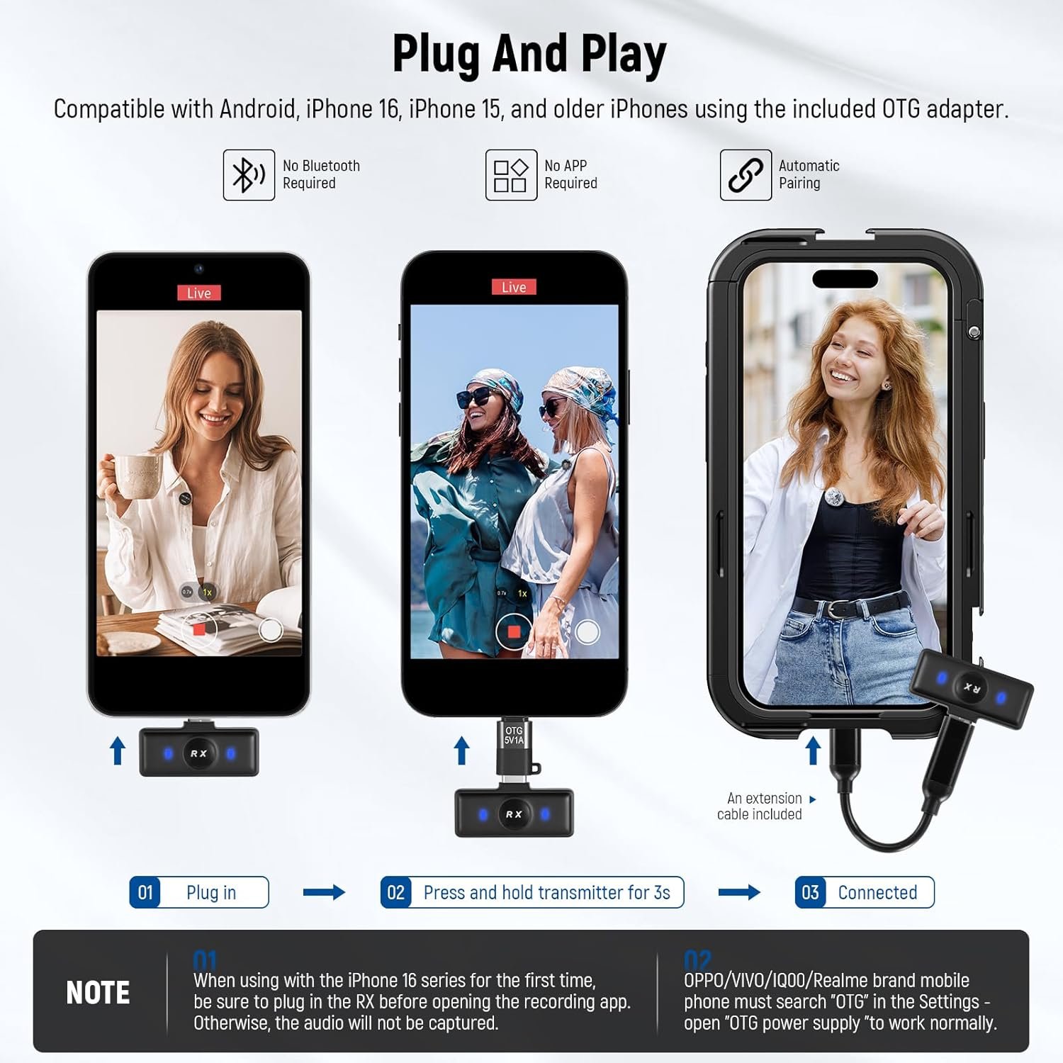 NEEWER KM18 Micrófono Lavalier inalámbrico para iPhone Mini Lapel Mic Set con cancelación de ruido/USB C/OTG/24H Estuche de carga de batería Video Vlog Compatible con iPhone 16 15 Android Phone Laptop - Image 5