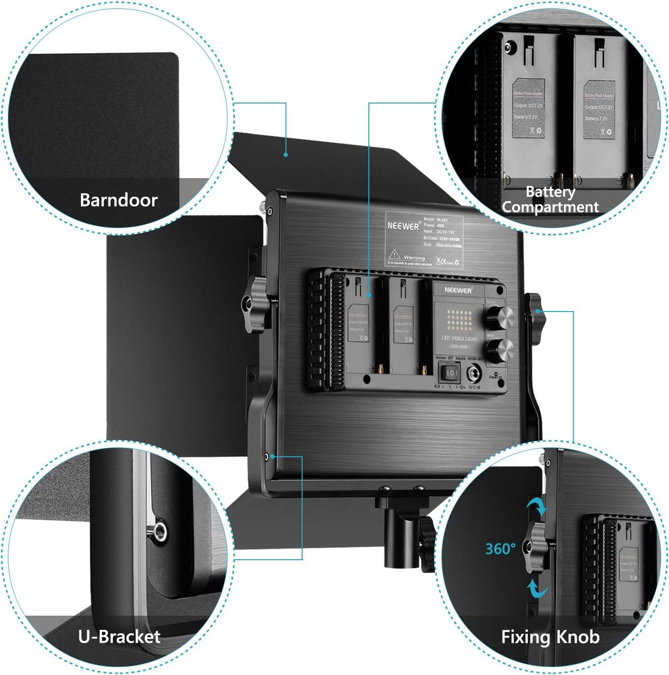 Neewer NL660 Luz led de video profesional, bicolor, marco de metal duradero, intensidad regulable de 660 piezas, con soporte en U y puertas tipo granero, 3200 – 5600 K, CRI 96 +, 40w - Image 7