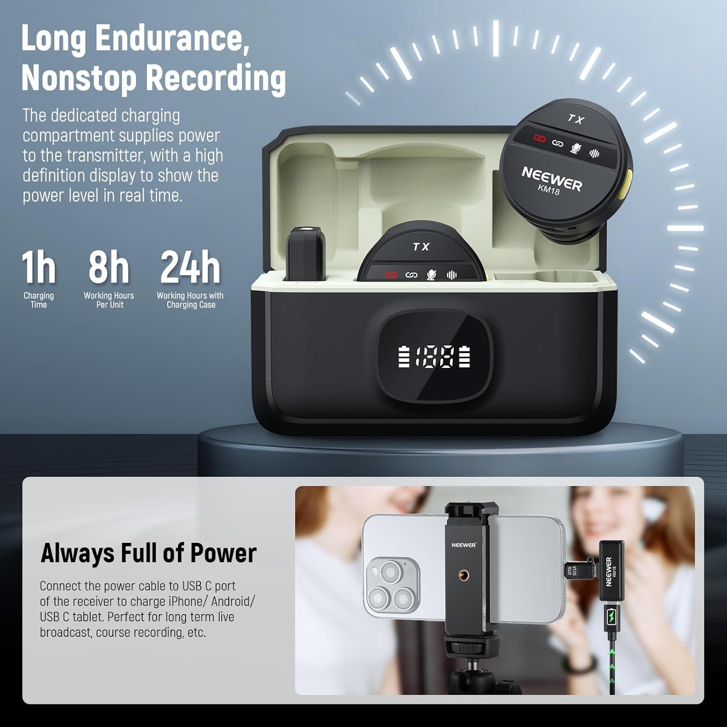 NEEWER KM18 Micrófono Lavalier inalámbrico para iPhone Mini Lapel Mic Set con cancelación de ruido/USB C/OTG/24H Estuche de carga de batería Video Vlog Compatible con iPhone 16 15 Android Phone Laptop - Image 8