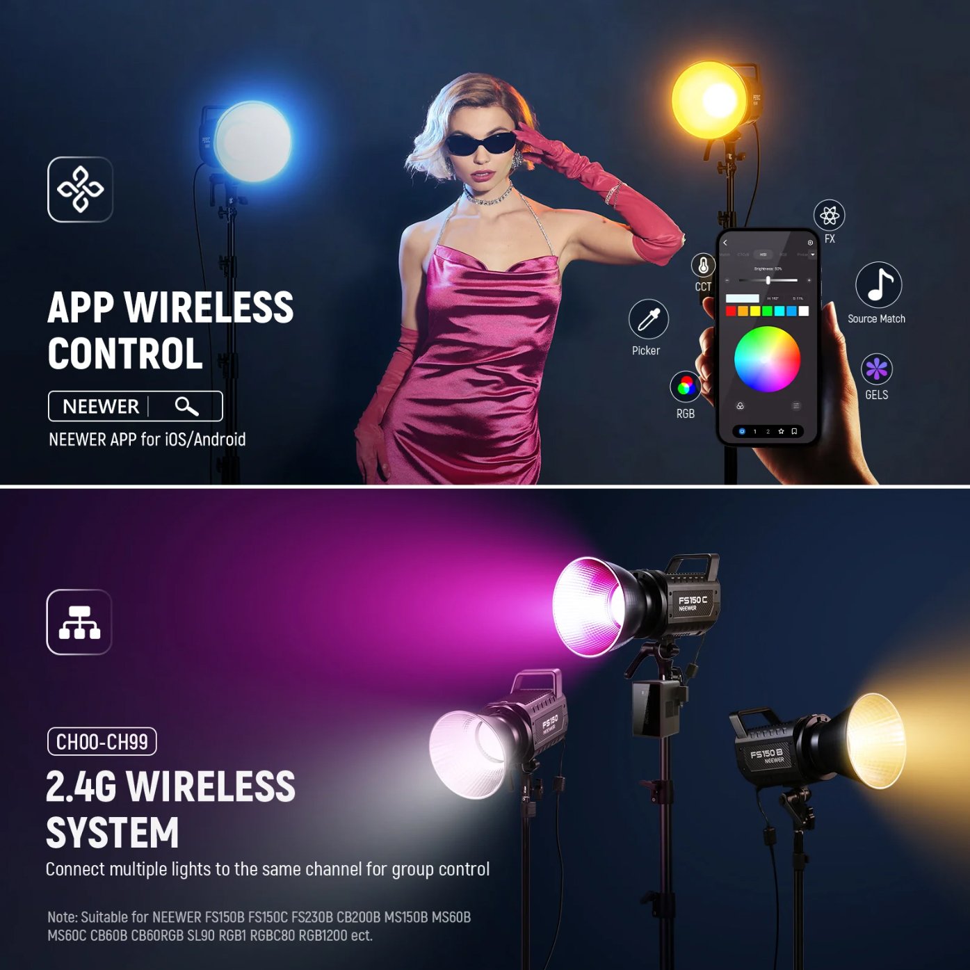NEEWER Luz de video LED RGB FS150C 130W, salida de iluminación continua COB de 2500-7500K con CRI97/TLCI98 4 curvas de atenuación - Image 7