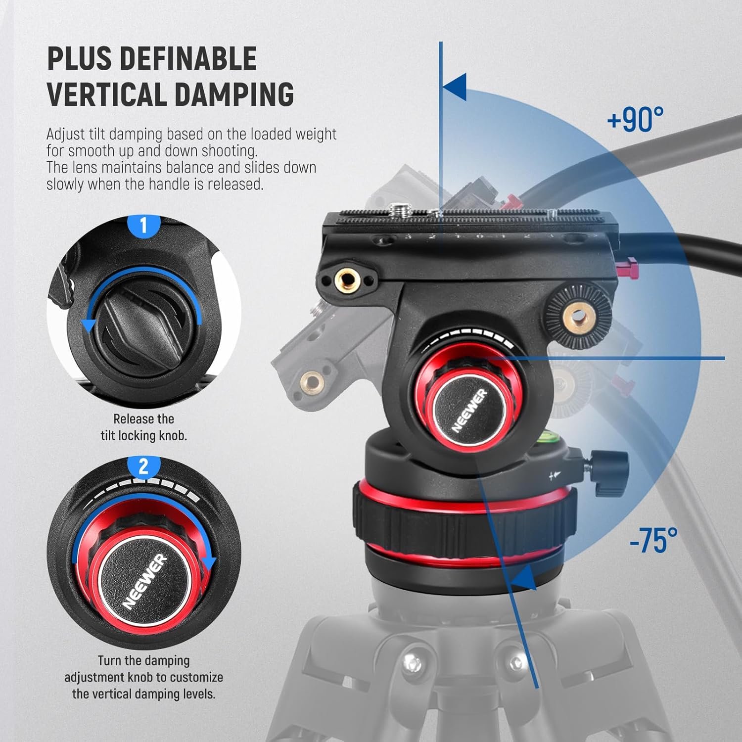 NEEWER TP75 Video Tripod with Fluid Head, QR Plate, Max Load 10kg, 189cm - Image 3