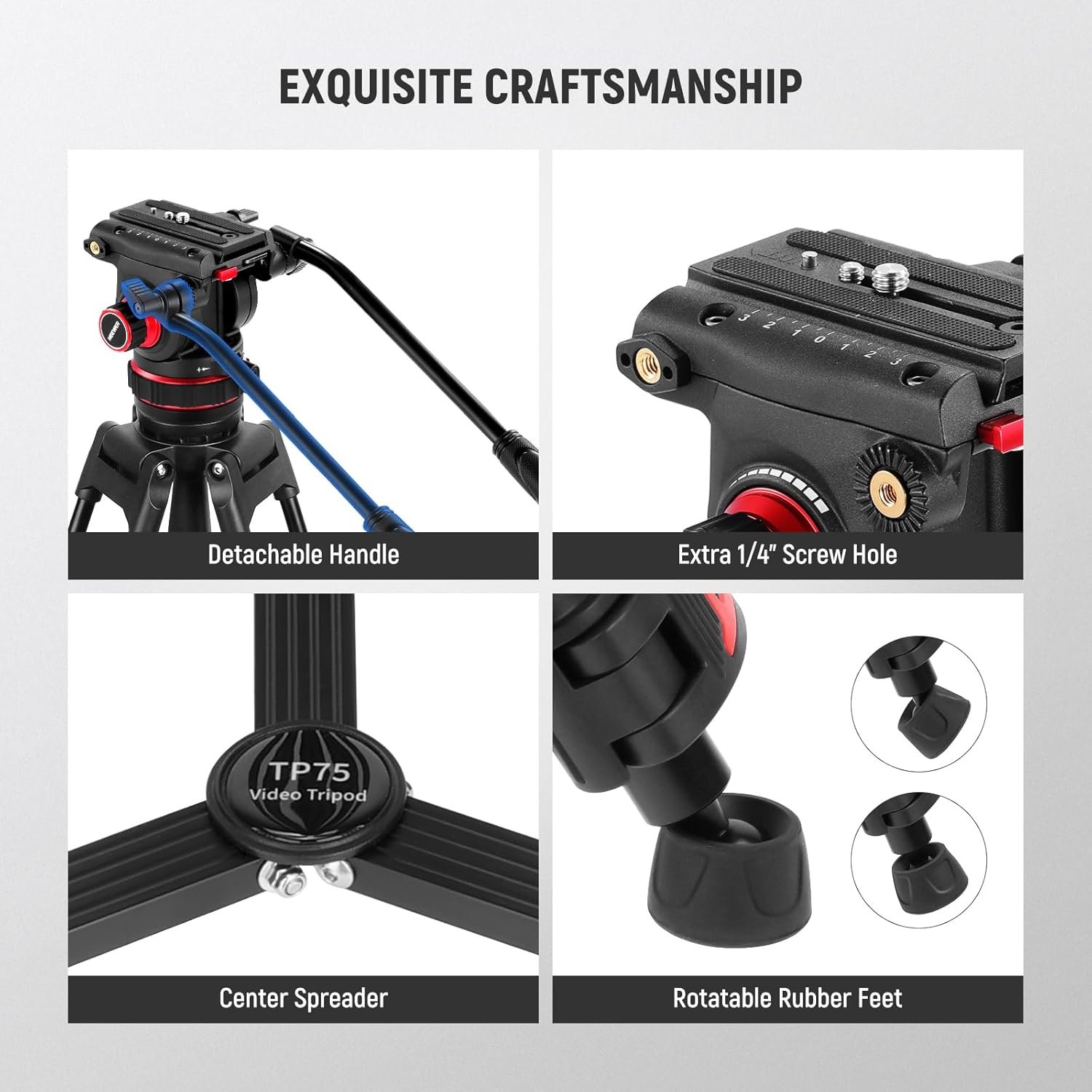 NEEWER TP75 Video Tripod with Fluid Head, QR Plate, Max Load 10kg, 189cm - Image 7