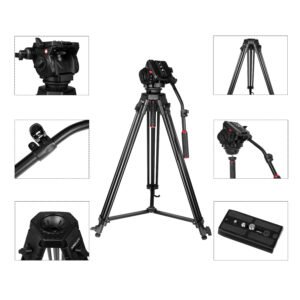 KINGJOY VT-2100+VT-3530 Trípode de video para cámara con cabezal fluido de 360 grados, soporte de carga 15kg.