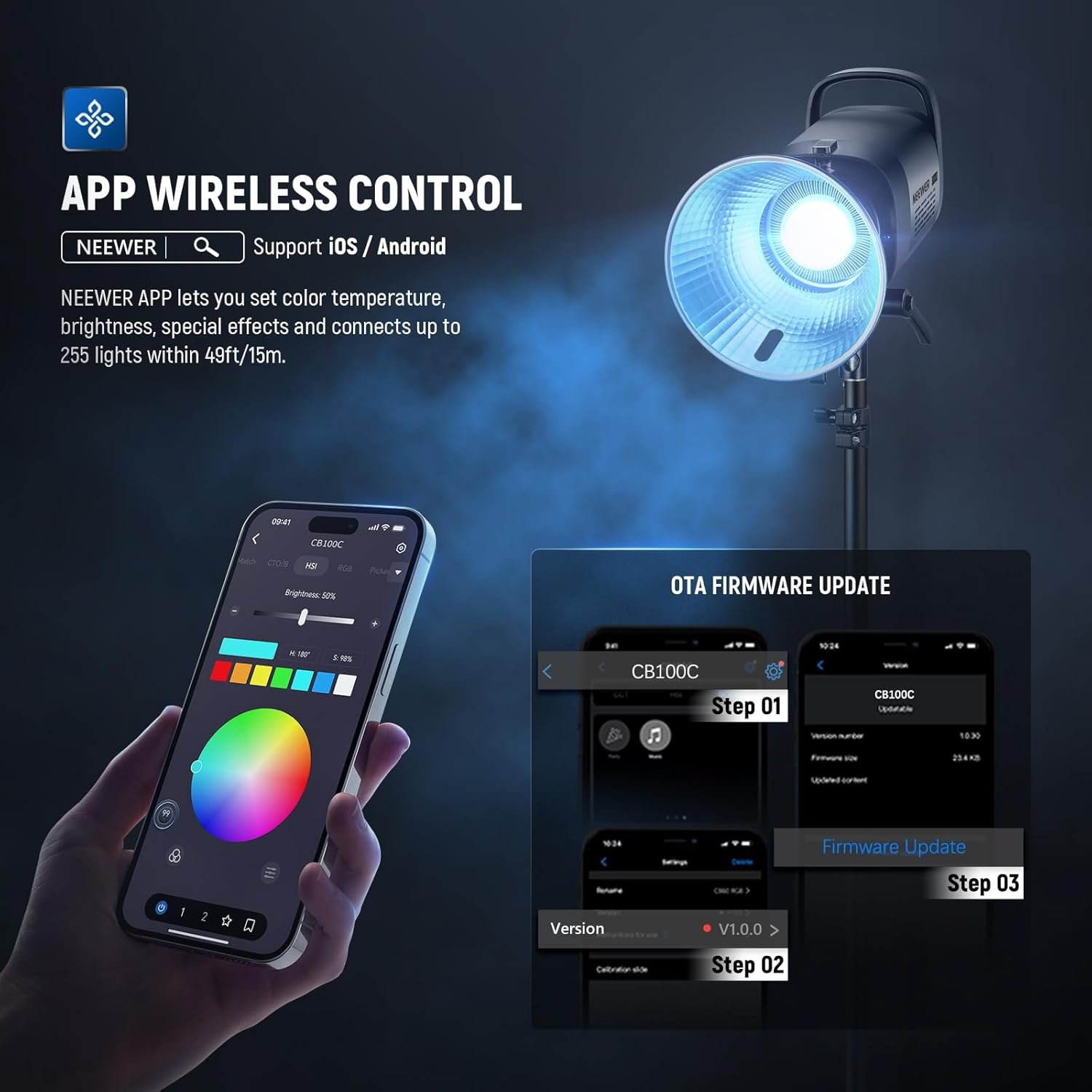 NEEWER Luz de video CB100C 130w RGB LED, control APP/2.4G 360° a todo color, COB Bowens - Image 5
