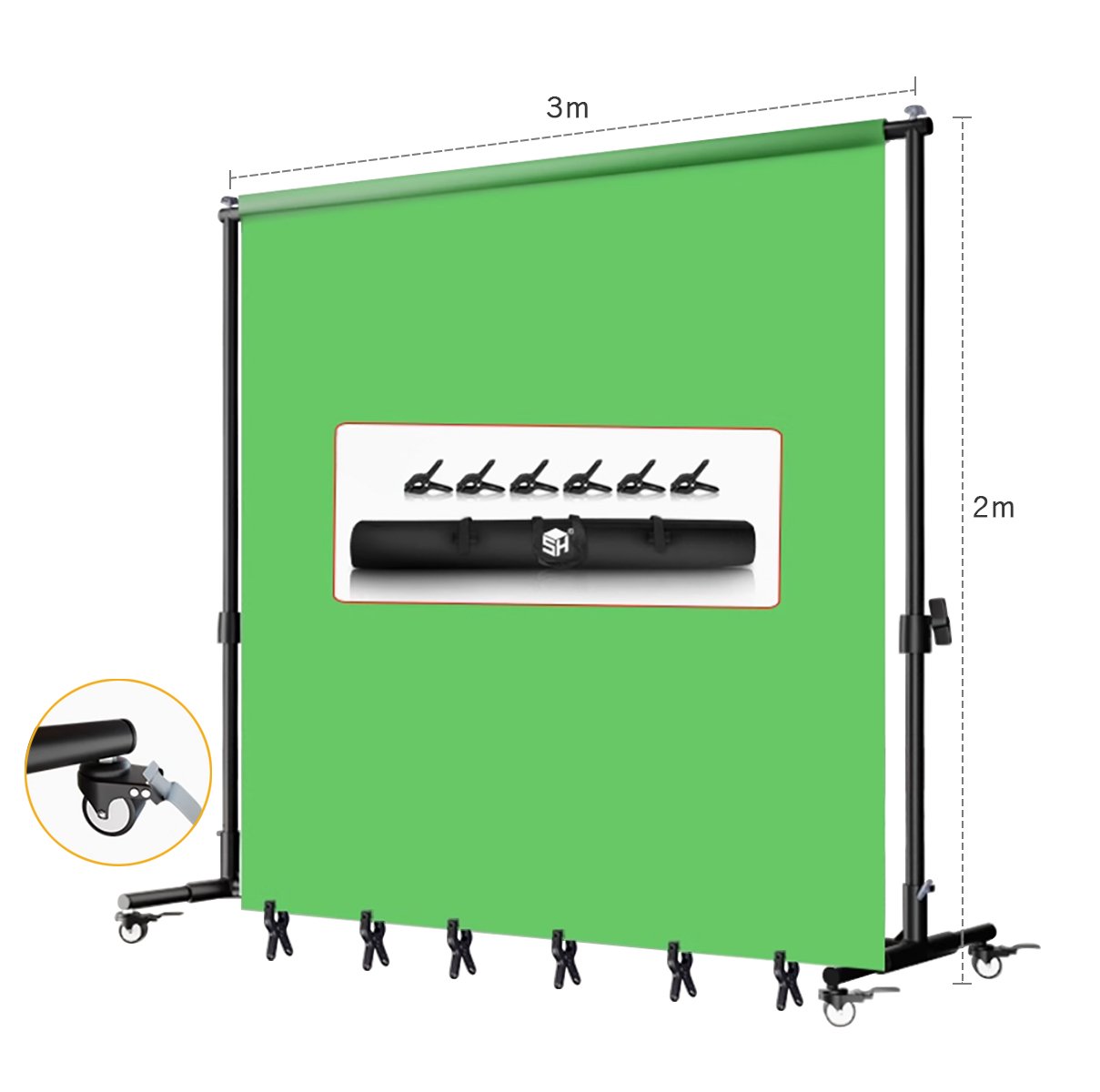 Soporte de fondo con ruedas, 3x2m, Contiene tela verde - Image 2